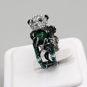 Panda Bear Ring Green White Rhinestones Glass Bead Accents Size 7 Double Shank